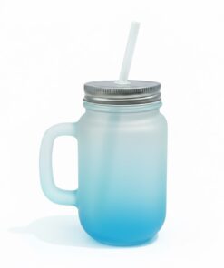 12OZ/350ML MASON JAR W/ STRAW(FROSTED, GRADIENT LIGHT BLUE)