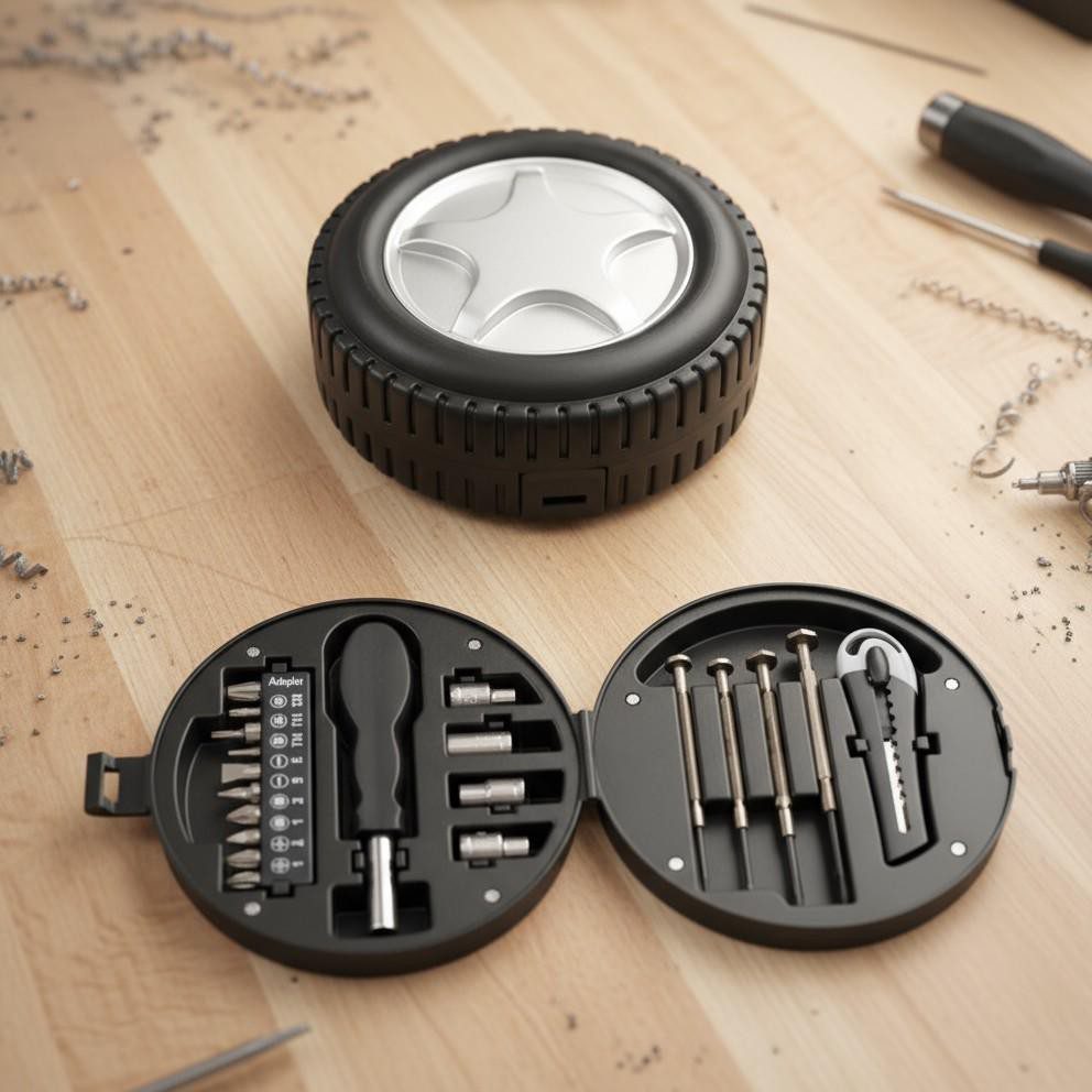 JUEGO DE HERRAMIENTAS CON FORMA DE NEUMÁTICO